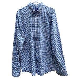 Johnnie-O Prep Performance Button Down Plaid Shirt Blue Brown White Men's Large